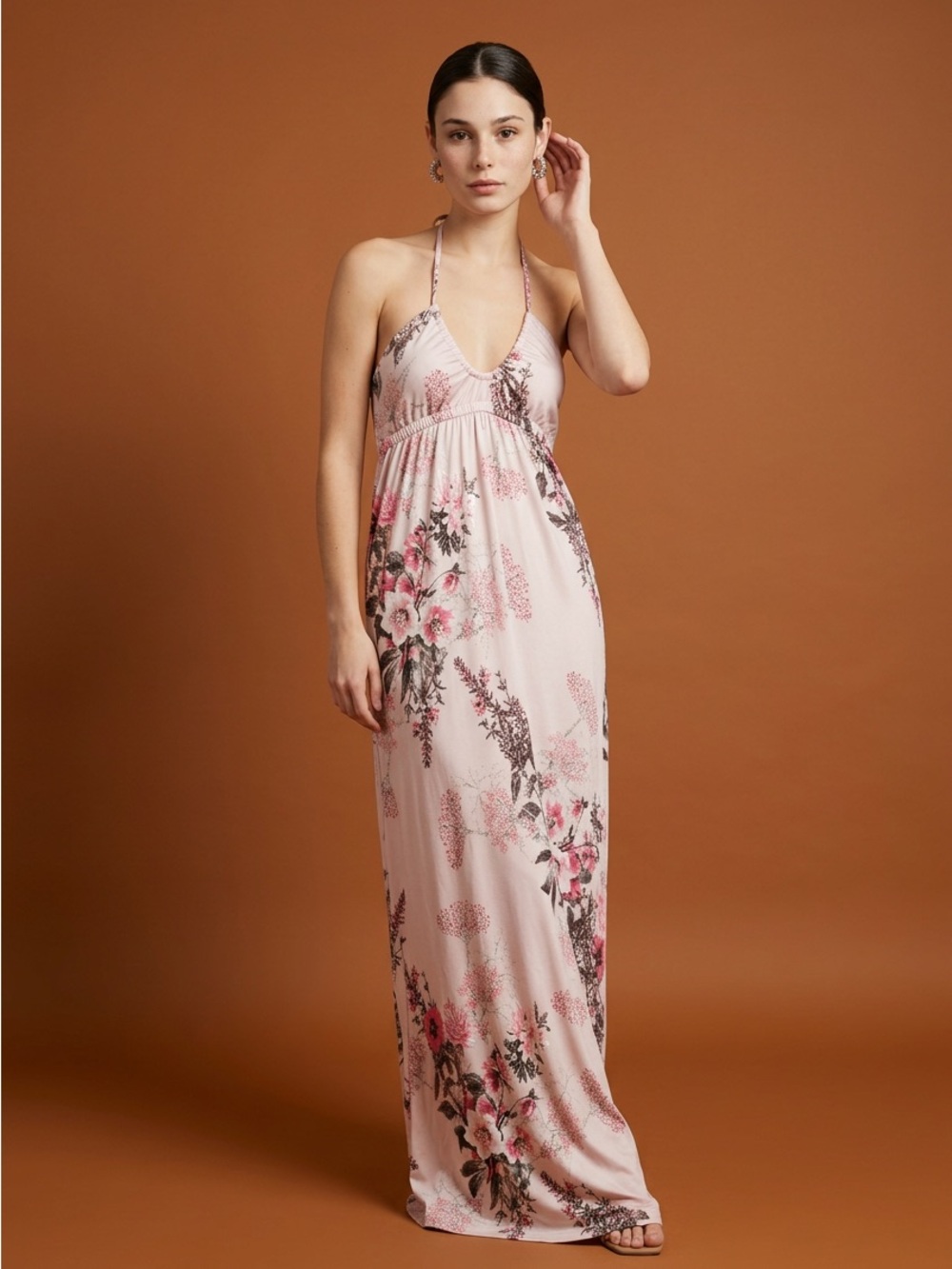 Veronica M. Floral Pink Halter Maxi Sexy Dress